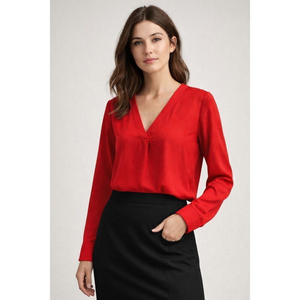 J.Crew Red V Neck Blouse Long Sleeve Lightweight Women XS